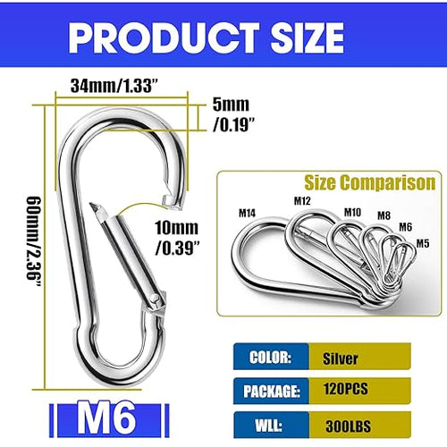 120Pack M6 Spring Snap Hooks Carabiner, 1/4" Heavy Duty Carabiner Clips Chain - Image 2
