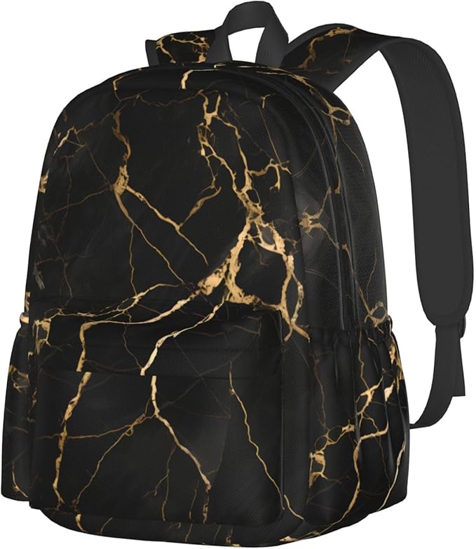 cfpolar 17 Inch Backpack Black & Gold Marble Art Laptop Bag Shoulder Bag School by homedecorations