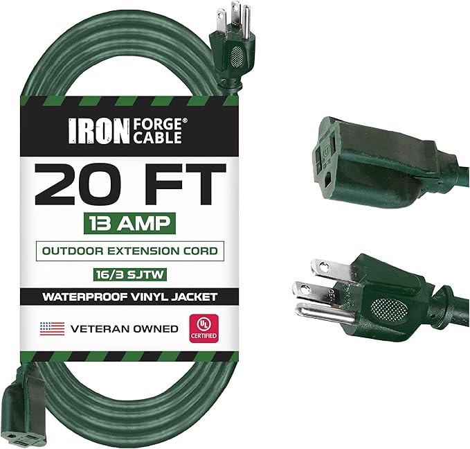Iron Forge Cable 20 Foot Outdoor Extension Cord, 16/3 Green 20 Foot Extension by IronForgeCable