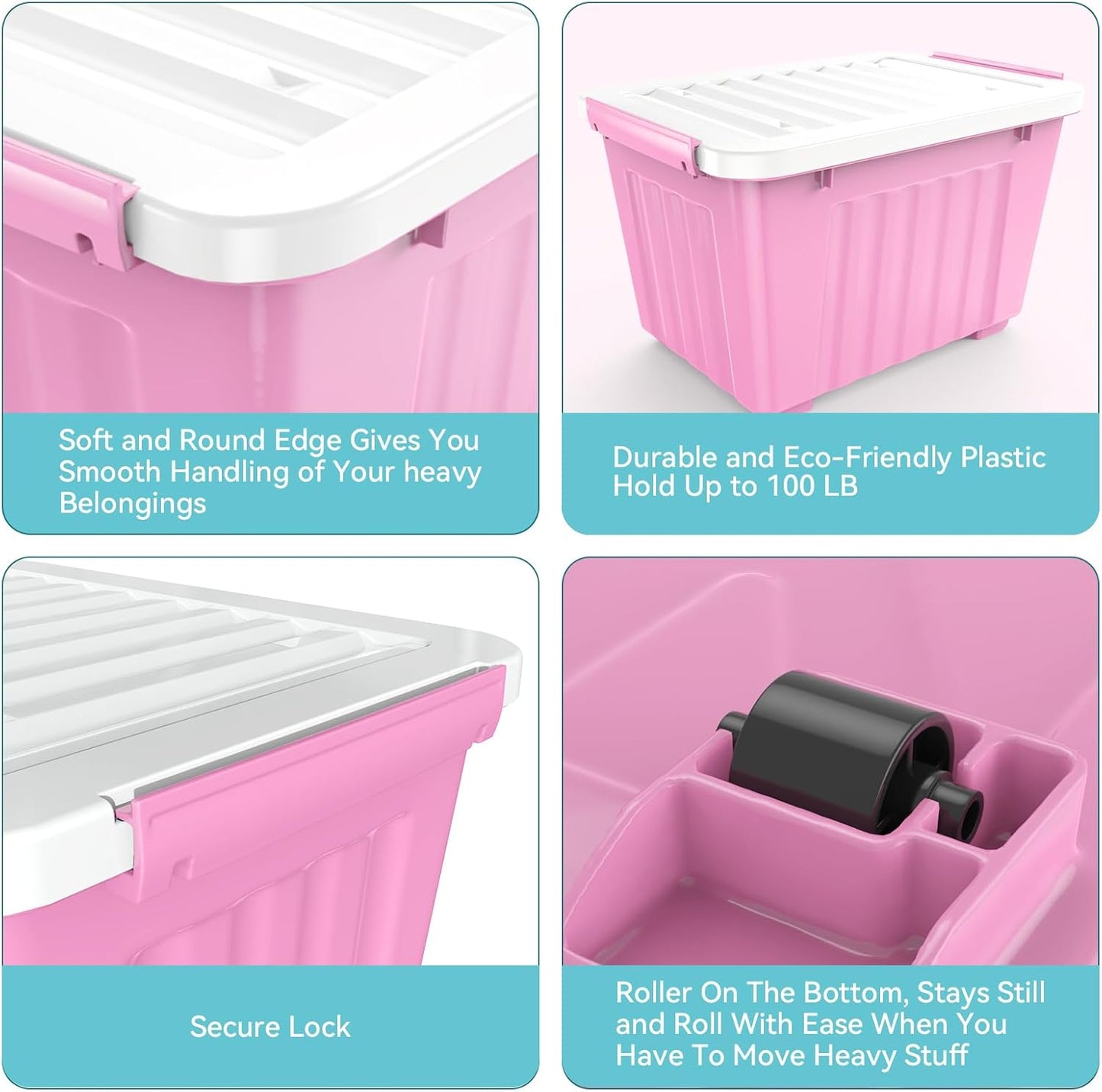 Nazhura Plastic Storage Bin, Stackable and Nestable Storage Boxes with White Lids and Secure Latching Buckles, Large Storage Container (Pink/White, 72Quart-6Pack)