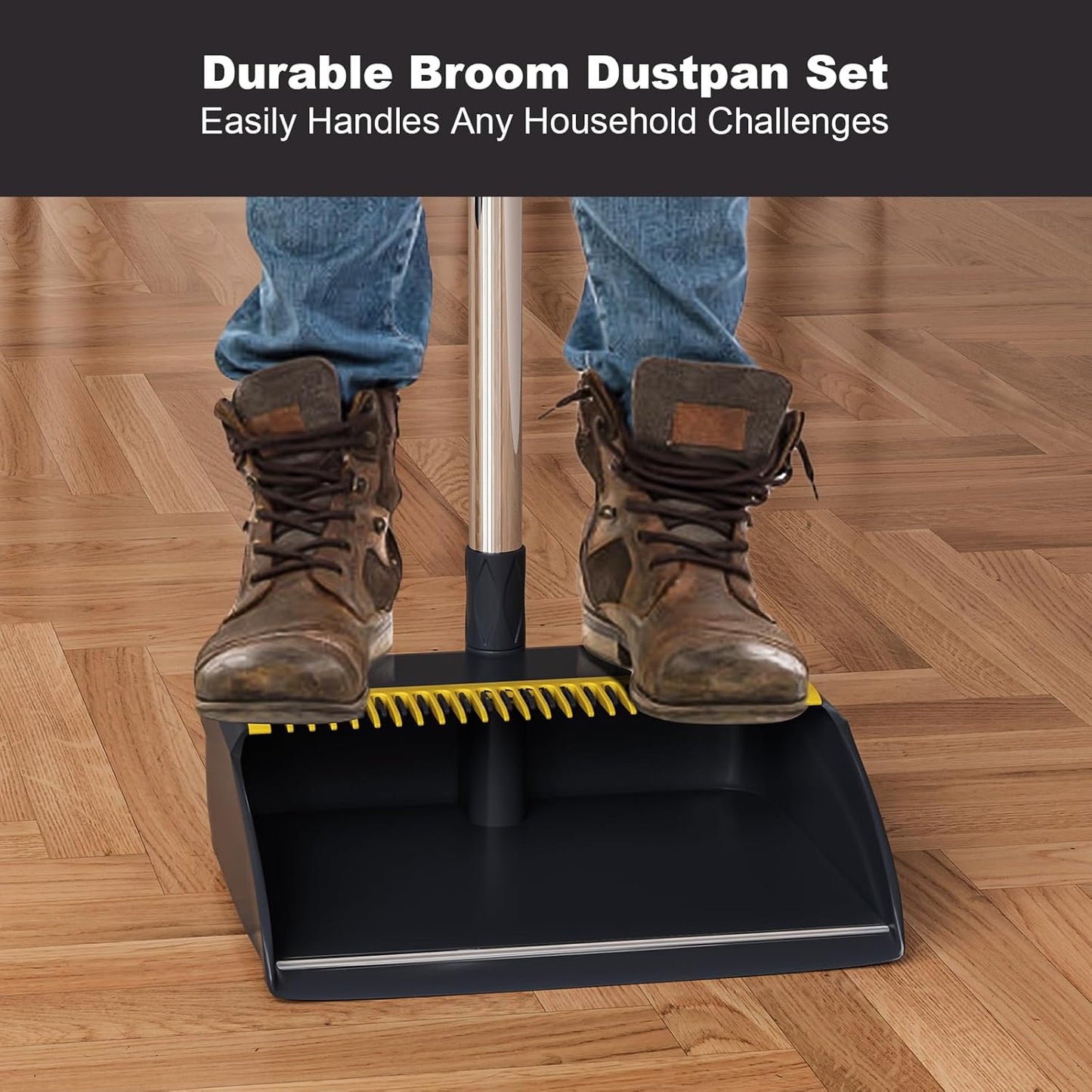 MOPUP Broom and Dustpan Set, 52 inch Long Adjustable Handle Broom with Dustpan Teeth to Self-Cleaning Clean Hair Suitable for Home Kitchen Office