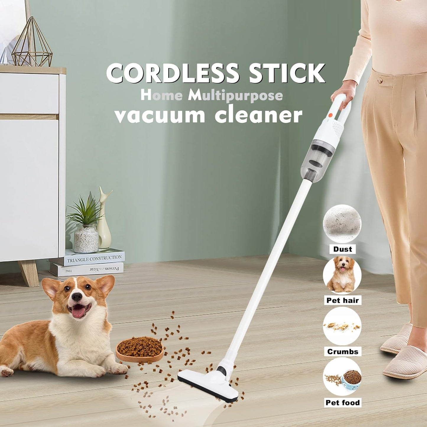 6-in-1 Lightweight Stick Vacuum Cleaner with 100W Powerful Motor, Mini Portable Household Handheld Vacuum Cleaner for Domestic Hard Floors, Carpets and Pet Hair (White Cordless with Plug)