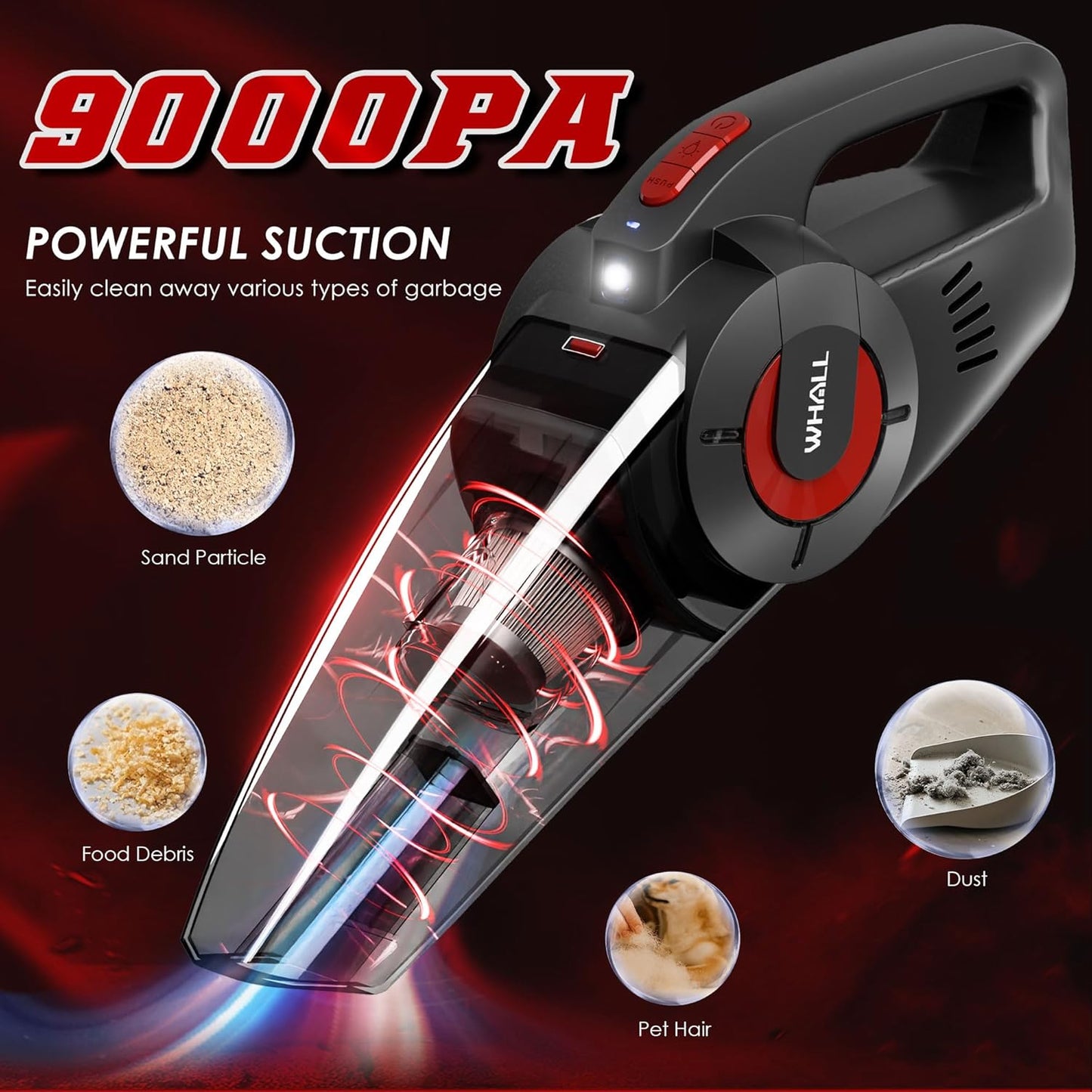 whall Handheld Cordless Car Vacuums, Wet and Dry Use 9000Pa Strong Suction Vacuums, Rechargeable Portable Vacuum Cleaner with LED, Charging Dock, Lightweight Mini Vacuum for Car, Home and Office, Red
