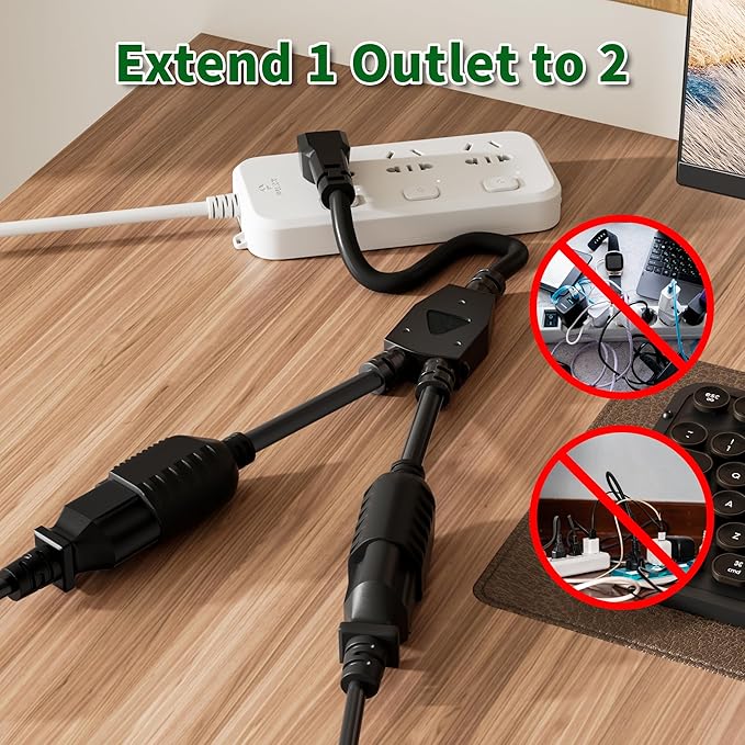Elecan 3-Prong Y Splitter Power Extension Cord 1 FT, 90-Degree Angled Flat Plug - Image 3