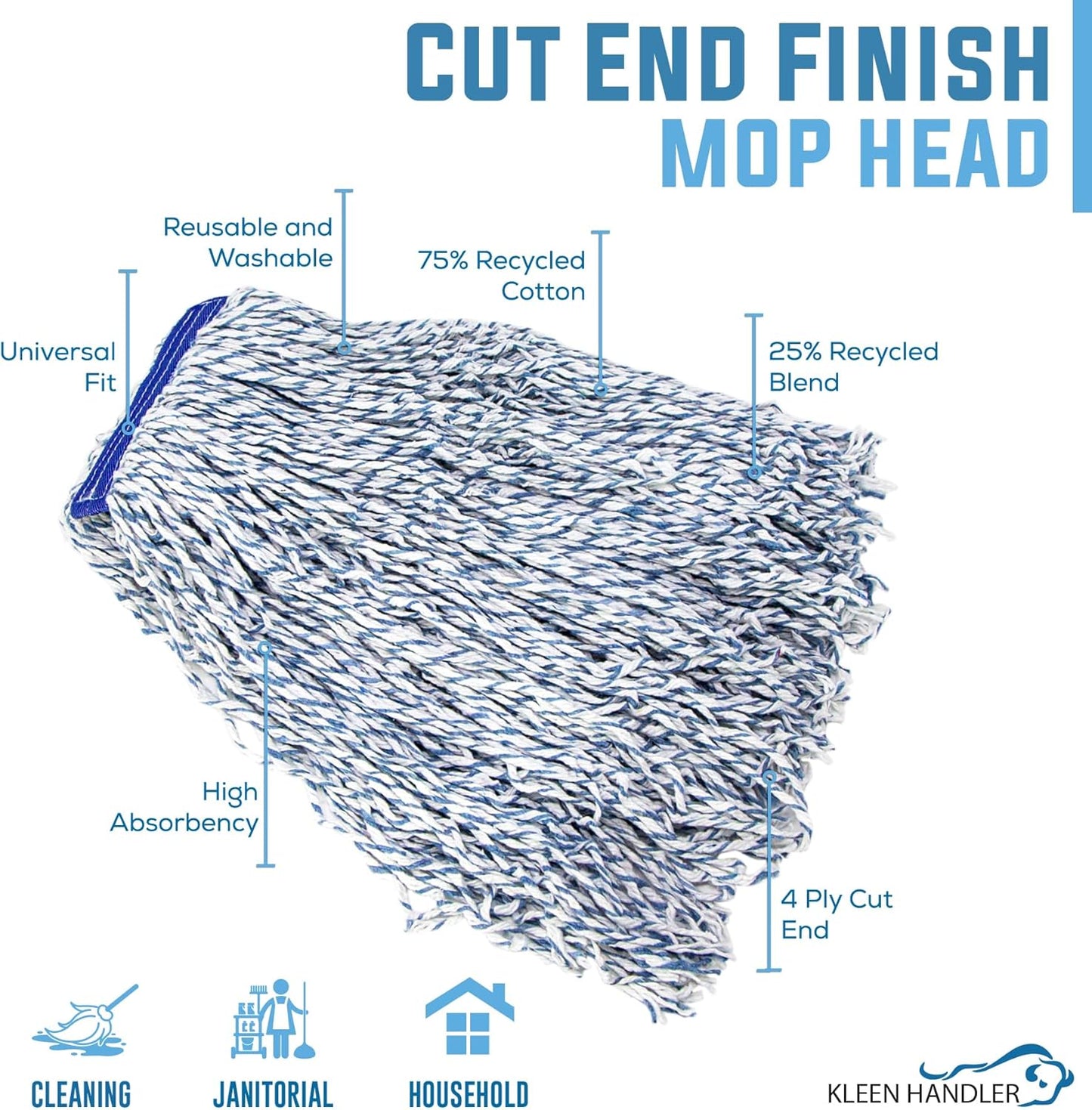 KLEEN HANDLER Cut End Finish Mop | 1.25" Universal Headband, Maximum Absorption Finishing Mop, Pack of 1