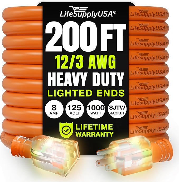200ft Outdoor/Indoor Extension Cord 12/3 Gauge Extra Heavy Duty 3 Prong SJTW by LifeSupplyUSA