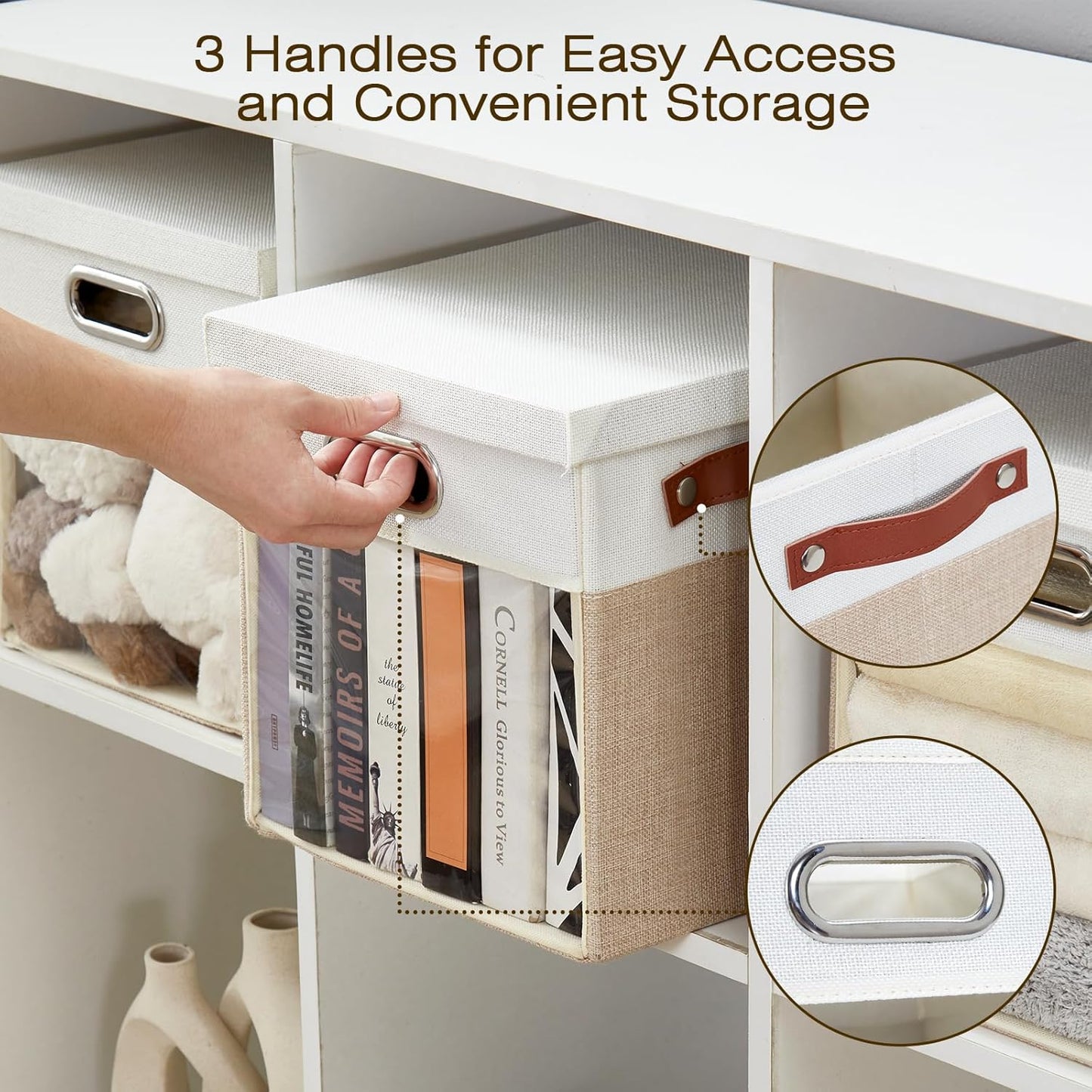 Fabric Storage Cubes with Clear Windows and Lids 11'' Foldable Storage Bins with 3 Handles, Decorative Storage Boxes for Home, Bedroom, Closet, Office (Beige & White)