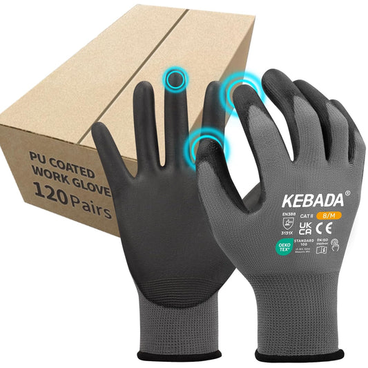 Kebada Safety Work Gloves,120 Pairs Bulk Pack, Touchscreen, PU Coated, Ideal for Warehouse, Construction, Gardening and Mechanics, Grey, Small