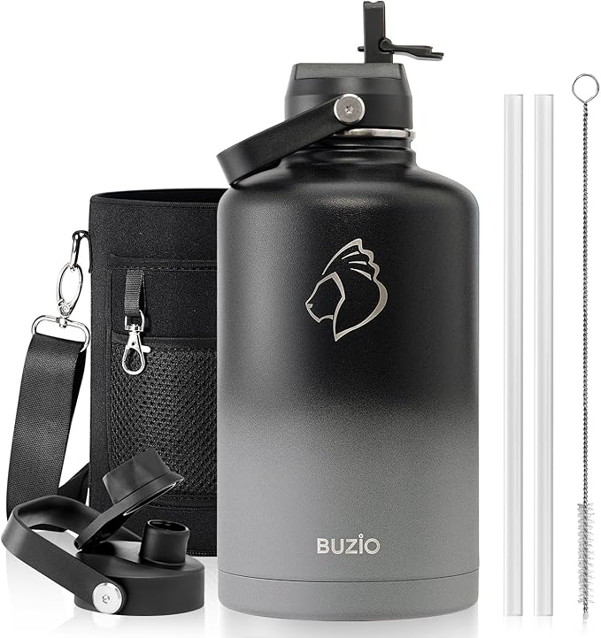 Insulated Water Bottle with Straw Lid, Modern Double Vacuum Stainless Steel by BUZIO