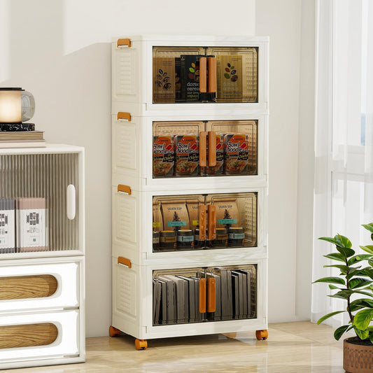 4 Tier Stackable Plastic Storage Bins with 1 Lid 35 QT/Tier, Collapsible Plastic Box Storage Bin with Wheels, Home Containers Boxes Closet Organizers for Living Room, Office, Dorm