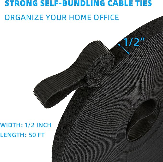 50 ft x 1/2 inch Hook and Loop Roll, Reusable Fastening Cable Ties, Office and - Image 2