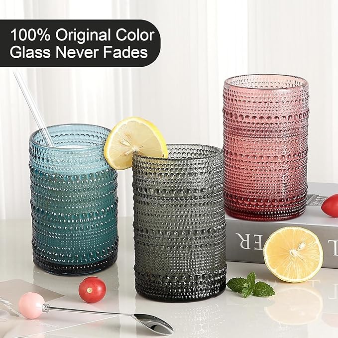 KMIGRUAN 15oz Colored Hobnail Drinking Glasses Set of 6, Vintage Kitchen - Image 2