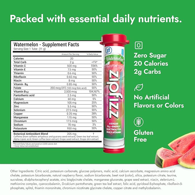 Zipfizz Daily Energy Drink Powder, Watermelon, 20 Pack | 3-in-1 Sustained Energy - Image 2