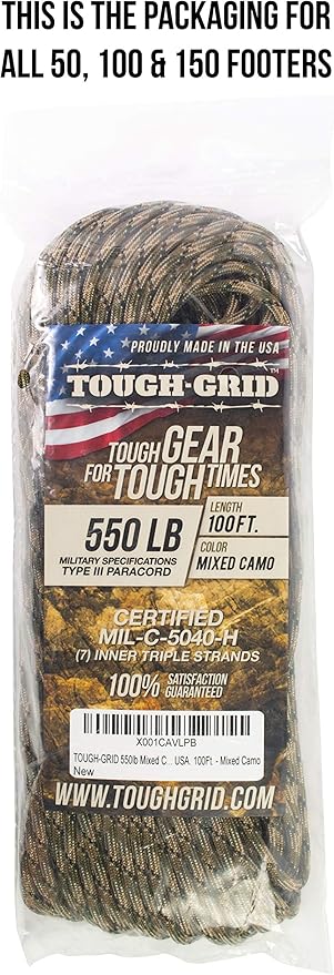 TOUGH-GRID 550 Paracord, Type III Mil-Spec Nylon Rope - 50 Ft Mixed Camo - Image 4