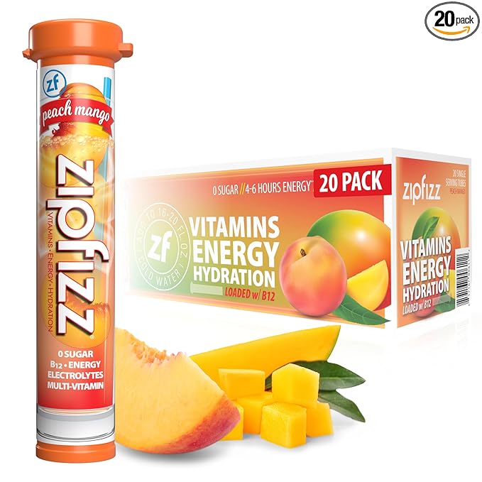 Zipfizz Daily Energy Drink Powder, Peach Mango, 20 Pack | 3-in-1 Sustained by Zipfizz