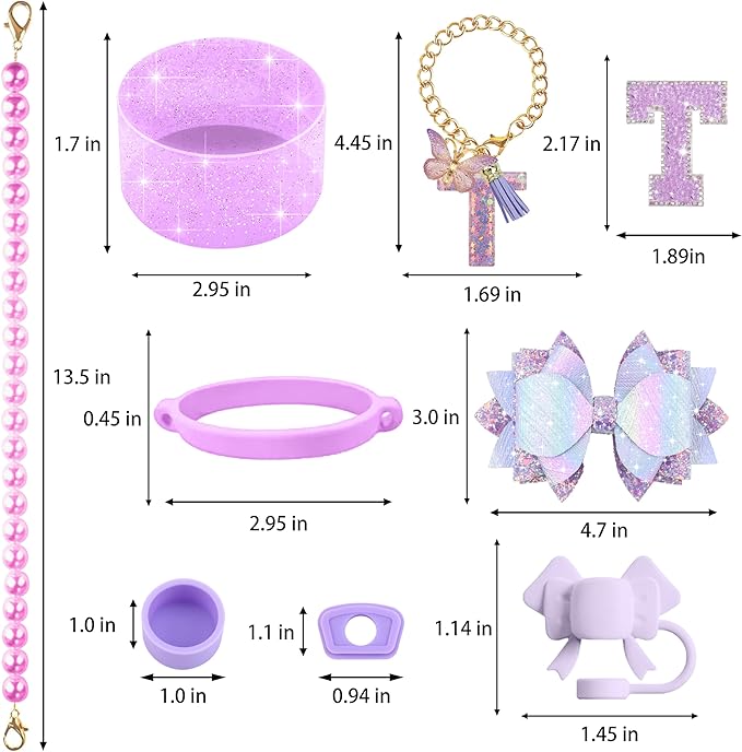 9PCS Purple for Stanley Cup Accessories Set Bling Initials Bow Charms for - Image 3