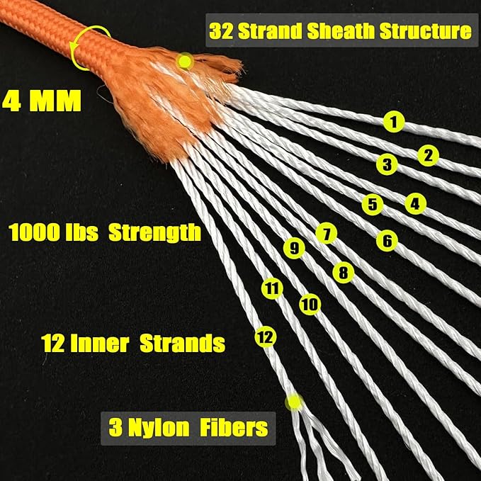 VVAAGG 1000 Orange Paracord 200FT Utility Parachute Cord 4mm Nylon String12 - Image 2