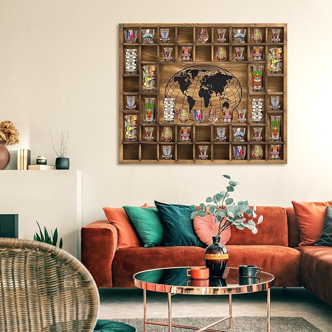 GlikCeil 44 Slots 28 x 23'' Medium World Map Shot Glass Display Case Rustic - Image 6