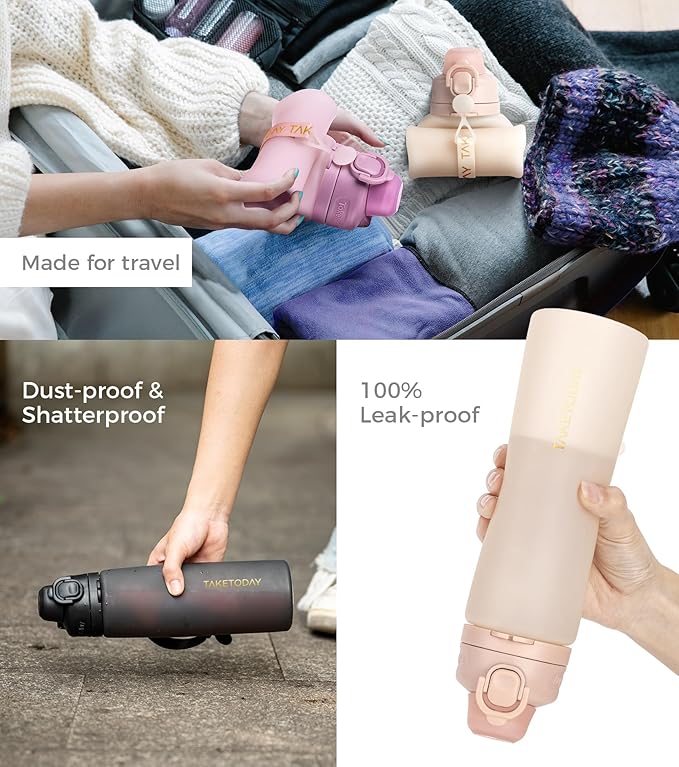 TakeToday Collapsible Water Bottles 21oz, Foldable Platinum Silicone Travel - Image 3