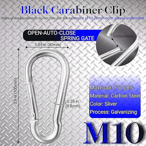 12 Pack 3.9" Heavy Duty Carabiner Clips, M10 Sliver Galvanized Steel Spring - Image 2
