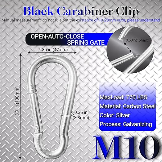50 Pack 3.9" Heavy Duty Carabiner Clips, M10 Sliver Galvanized Steel Spring - Image 2