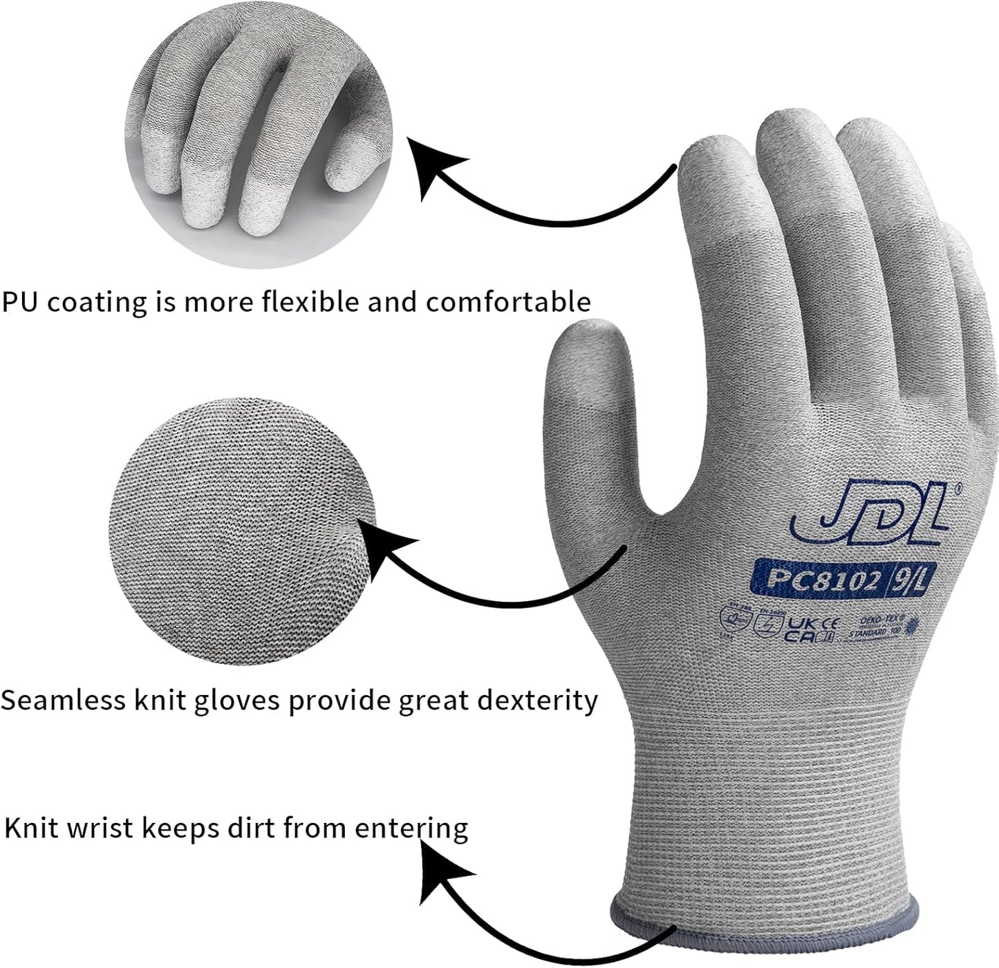 JDL ESD Work Gloves, Anti-Static Gloves for PC Building, 6 pairs, Computer Installation & Repair, High Resistance Carbon Fiber Gloves, Medium