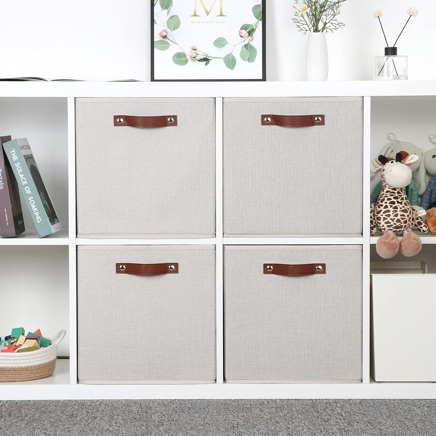 Temary Fabric Storage Cubes Storage Bins with Dual Leather Handles, 4 Pack Cube Baskets 13x13 Foldable Cube Organizers for Shelves, Home, Office, Nursery