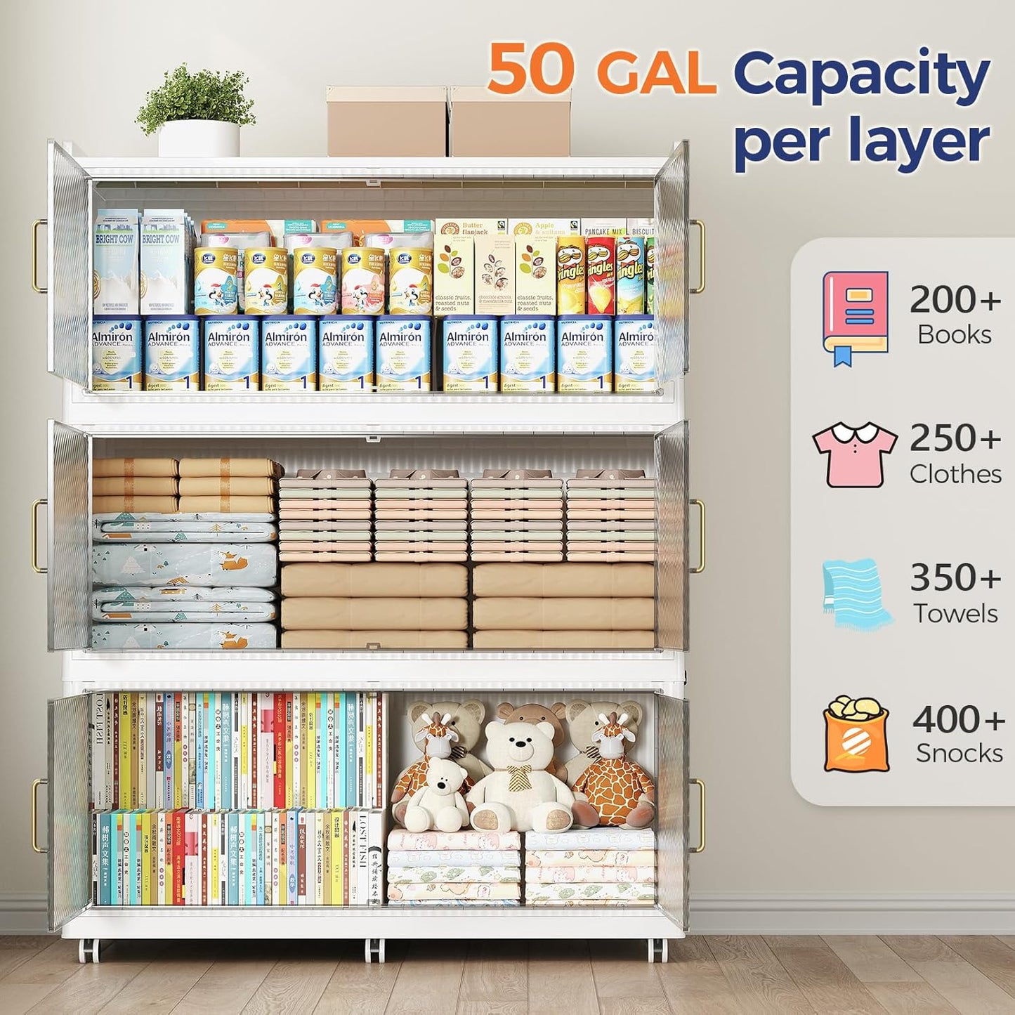 150GAL Extra Large Storage Bins with Lid, 600QT Collapsible Organizer with Wheels, Stackable Closet Cabinet with Doors, Folding Storage Containers for Home, Office, Dorm, 3Pack White