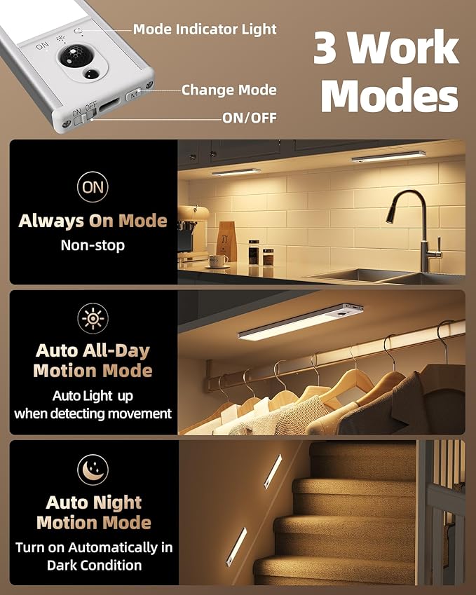 EZVALO 5-Pack Under Cabinet Lighting, 2400mAh Motion Sensor Light, LED Closet - Image 7