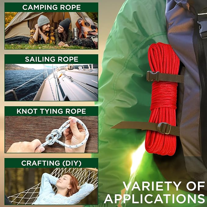 TECEUM Rope – 90 Feet x 1/4 Inch – Red – Strong All-Purpose Utility Rope – - Image 5