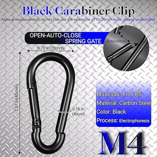 12 Pack 1.57" Heavy Duty Carabiner Clips, M4 Black Galvanized Steel Spring Snap - Image 2