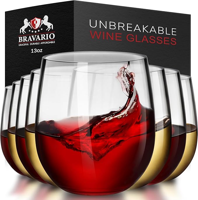 Bravario Unbreakable Stemless Plastic Wine Glasses | Reusable | Shatterproof by Bravario