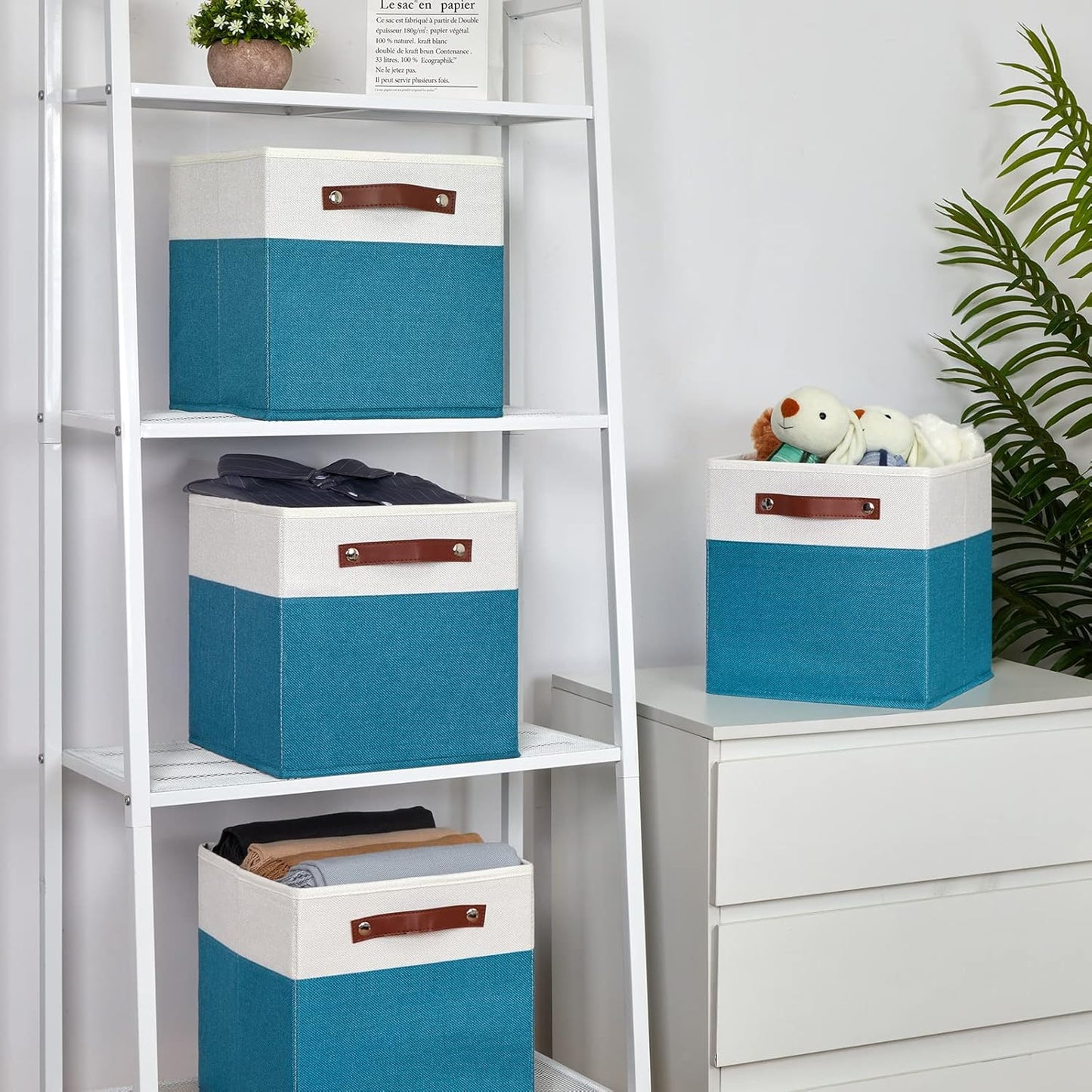 Temary Storage Cube Bins 11 Cube Storage Bins Storage Baskets for Closet, Shelves 4 Pack Fabric Organizer Bins with Leather Handles(White&Teal)