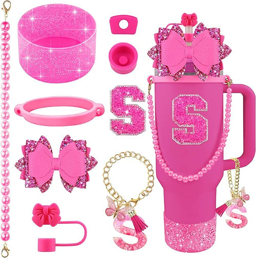 9PCS Hot Pink for Stanley Cup Accessories Set Bling Initials Bow Charms for by Unknown