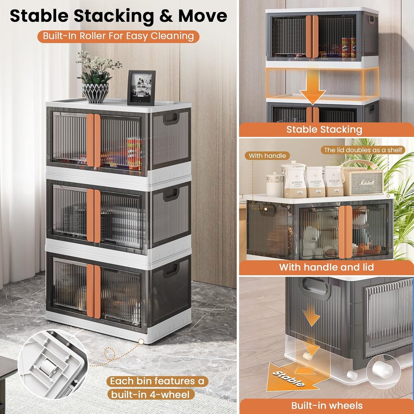 19Gal Collapsible Storage Bins with Lids & Wheels - 4 Pack Stackable with Doors, Heavy-Duty Plastic Containers for Home/Office, White