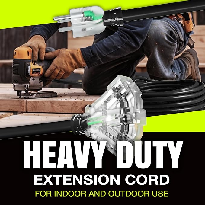 50ft Outdoor/Indoor Extension Cord 3-Outlet 12/3 Gauge Extra Heavy Duty 3 Prong - Image 7