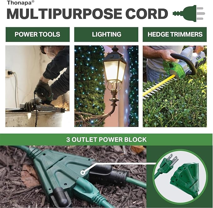 Thonapa Weatherproof Green Extension Cord 20 ft 3 Outlets, 16/3 SJTW Outdoor - Image 6