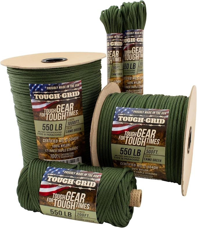 TOUGH-GRID 550 Paracord, Type III Mil-Spec Nylon Rope - 100 Ft Camo Green by TOUGH-GRID