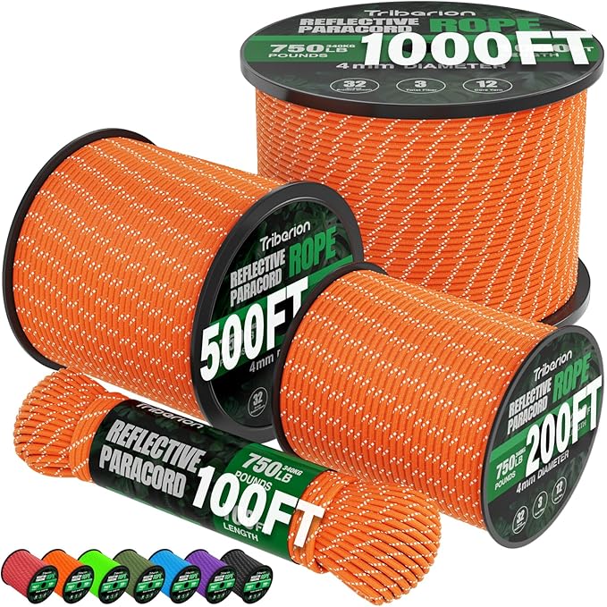 Reflective Paracord Rope 750 lb - 100ft 5/32" Parachute Cord 4MM 12-Strand para by Triberion