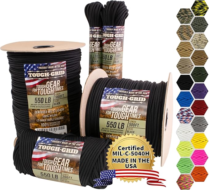 TOUGH-GRID 550 Paracord, Type III Mil-Spec Nylon Rope - 100 Ft Black Tactical by TOUGH-GRID