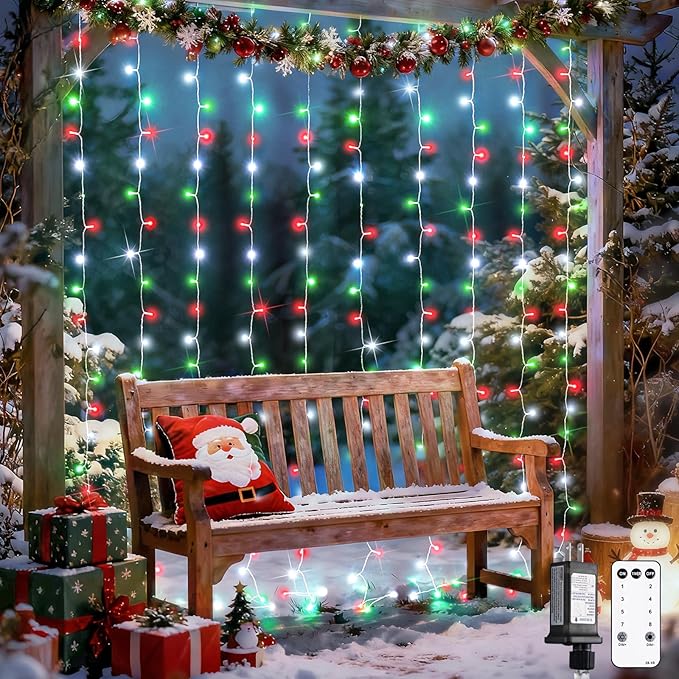 JMEXSUSS 300LED Red White and Green Christmas Curtain Lights by JMEXSUSS