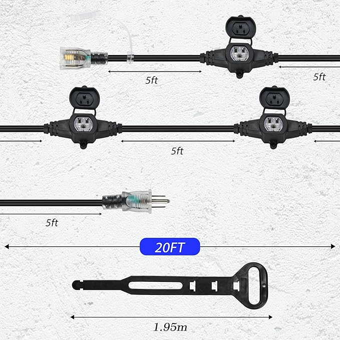 20FT 16 Gauge Multi-Outlet Outdoor Extension Cord, 4 Evenly Spaced Weatherproof - Image 2