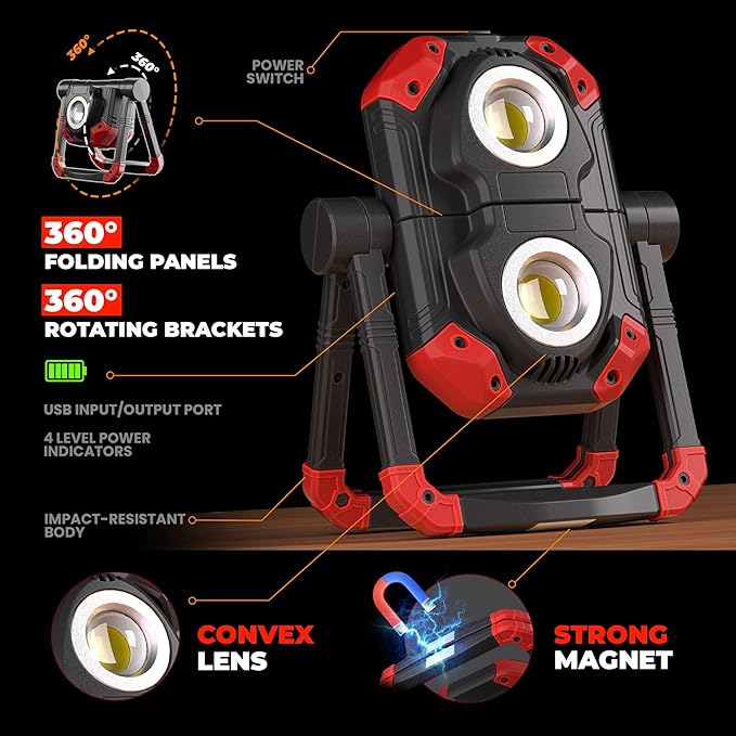 YZONI LED Work Light Rechargeable, 2 COB 2500LM Folding Portable Flood Light - Image 4
