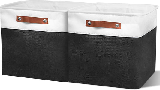 13in Open Fabric Storage Basket with Leather Handles for Organizing, Collapsible Linen Closet Bins for Shelves, Closets, Laundry, Decorative Basket for Gifts. (White＆Black, 2PCS/13x13in)