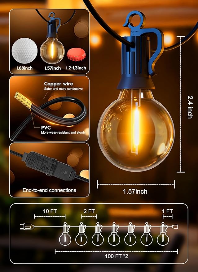 Brightown Outdoor String Lights, 200FT 100+2 G40 Bulbs Shatterproof Patio Lights - Image 2