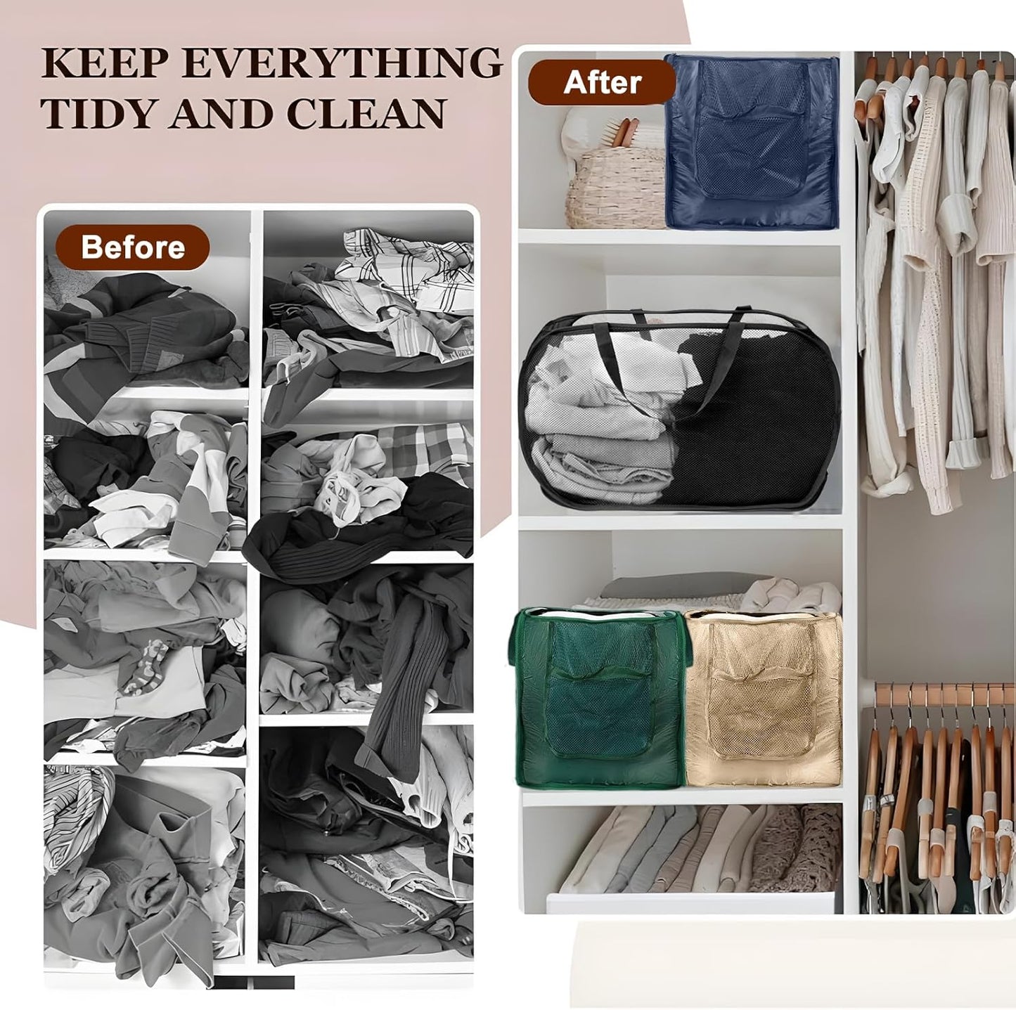 5 Pack Closet Storage Bins, Storage Containers for Closets, Fabric Closet Bins for StorageDecorative ,Collapsible Baskets for Organizing Clothes Toy Nursery (Black/Blue/Beige/Gray/Green)