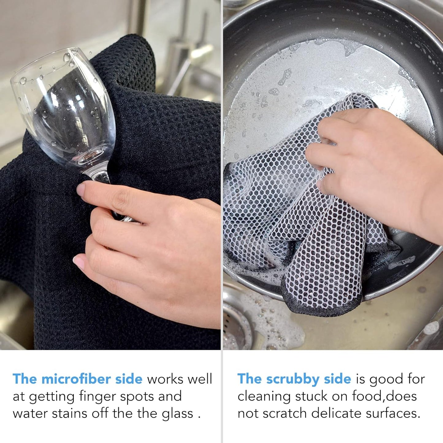 KinHwa Kitchen Washcloths for Dishes Absorbent Microfiber Dish Cloths Quick Dry Dish Rags with Poly Scour Scrub Side Ideal for Kitchen Cleaning (Black-B, 12inchx12inch 6 Pack)