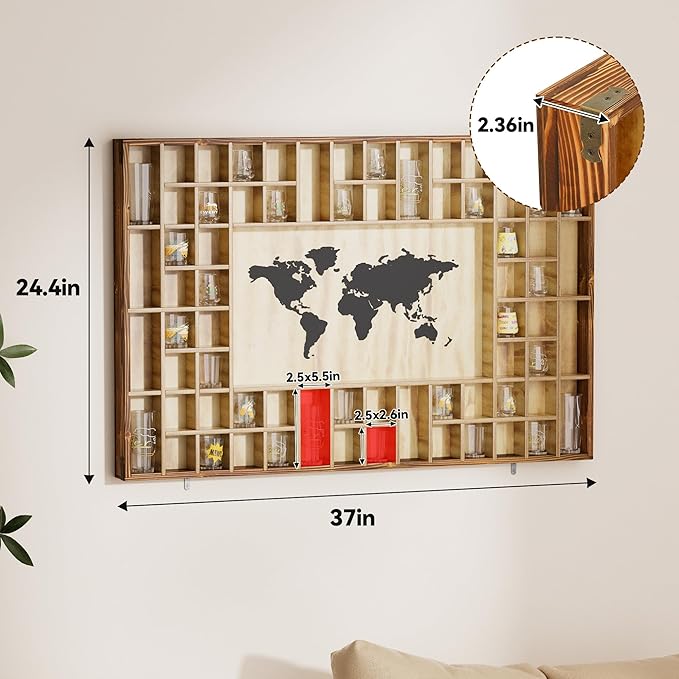 68 Large World Map Shot Glass Display Case Rustic Shot Glass Holder 37x 24.4in - Image 2