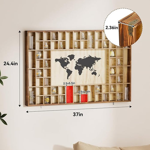68 Large World Map Shot Glass Display Case Rustic Shot Glass Holder 37x 24.4in - Image 2
