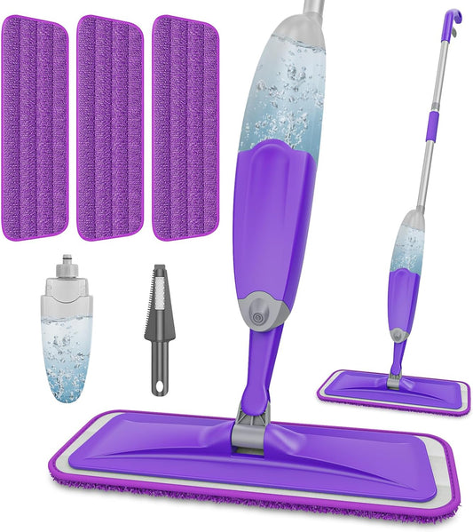 HOMTOYOU Spray Mops for Floor Cleaning: Wet Mop for Hardwood Tile Wood Laminate Vinyl - 3 Washable Microfiber Pads for Swiffer Powermop - Absorbs Pet Hair Dust